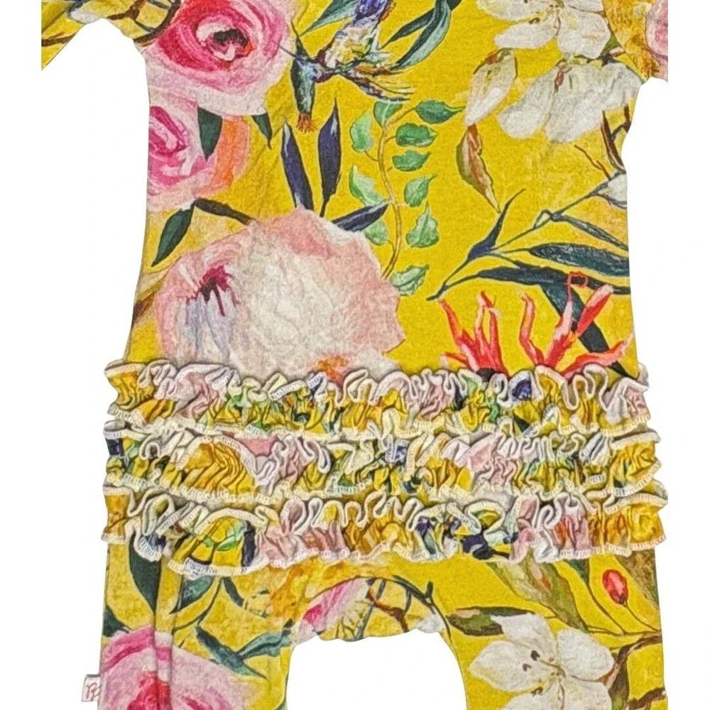 Posh Peanut Tuscan Yellow Ruffle Romper 12-18 Months Floral‎ Earlier Print HTF
